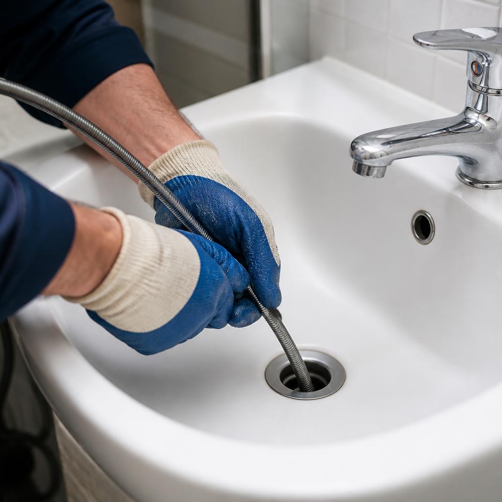 Technician carefully feeding professional drain-clearing equipment into a bathroom sink drain