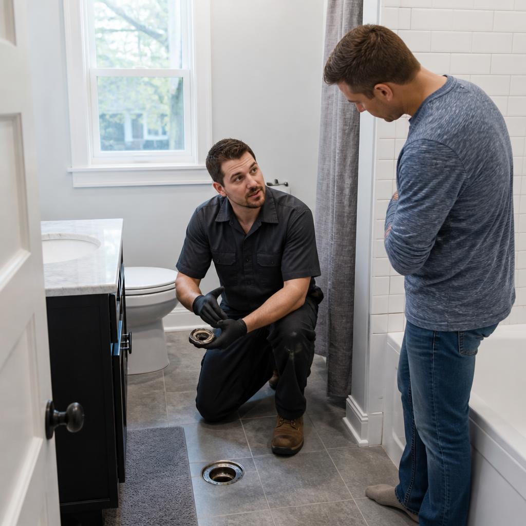 Plumber examining a drain and explaining the issue to a homeowner